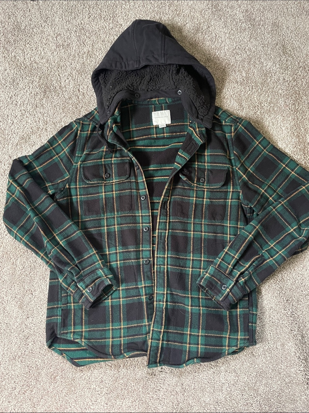American Eagle Green & Black Plaid Hooded Flannel Shirt Jacket